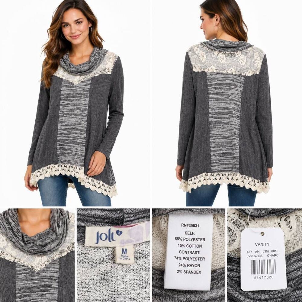 Jolt by Vanity Gray Cowl Neck Tunic Top M Lace Trim Long Sleeve Boho Sweater Shi